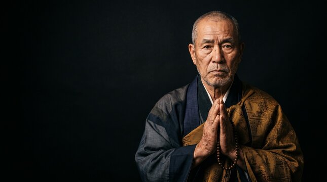漆黒の静寂の中に浮かび上がる禅の精神。日本の伝統的な法衣を纏った僧侶の緊張感溢れる佇まい