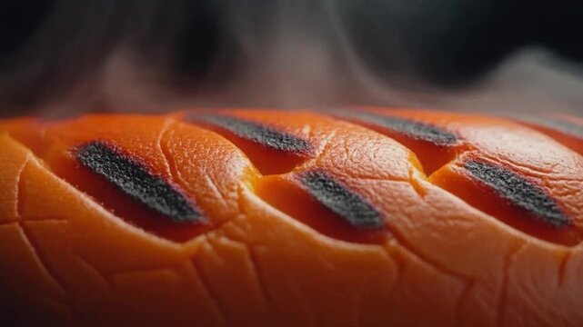 Extreme macro video of a hotdog sausage surface crusty with flavor, tiny char marks visible, natural steam rising, bright and saturated studio setup, food commercial composition