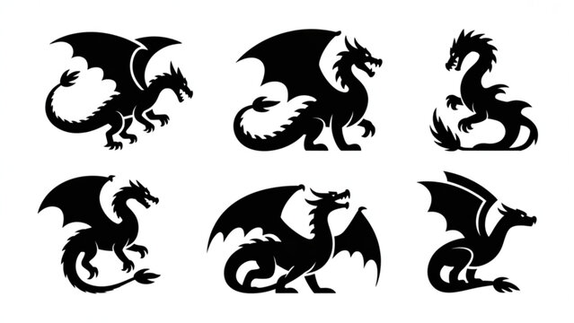 Dragon Silhouette Vector Set Fantasy Creature Black Icon Collection