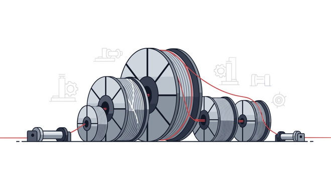 Several large industrial spools of grey metallic wire are arranged in a factory, with thin red guide lines indicating the winding and processing path.