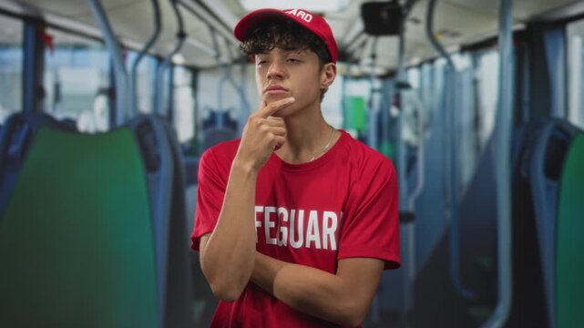 Teenage lifeguard in red tshirt and cap touching chin with finger and arms crossed on bus interior; thoughtful thinking doubt.