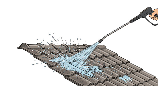 A high-pressure water jet is used to clean dark grey roof tiles, effectively removing dirt and grime with a powerful spray from a professional wand.