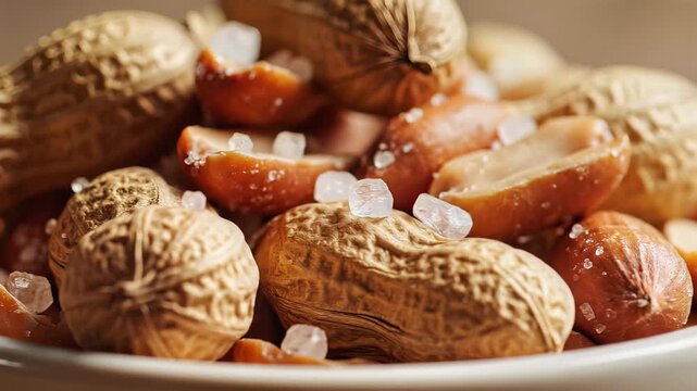 Closeup of Roasted Peanuts with Salt Crystals on a Plate.