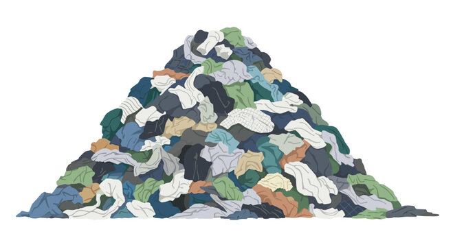 A massive and disorganized pile of various discarded clothing items is shown in a central heap, illustrating textile waste on a white background.