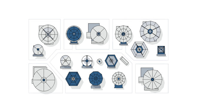 A detailed top-down layout shows various sizes of white and blue satellite dishes arranged in organized plots for global communication.