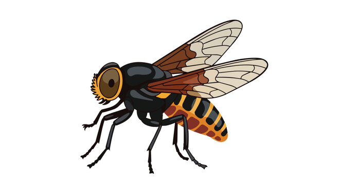 Detailed housefly illustration showing wings and striped body isolated on white background