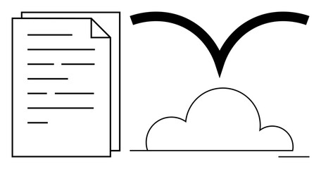 Data management, information sharing, cloud storage, file transfer, digital workflow, online systems. A file moving to a cloud with an arrow. Data management and information sharing © robu_s