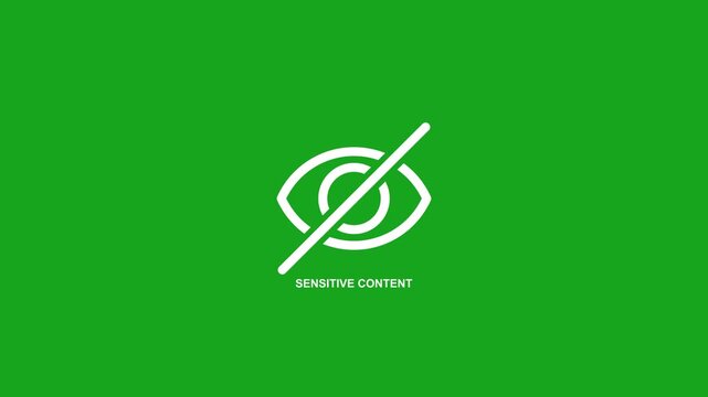 Sensitive Content Warning Animation Loop with White Crossed-Out Eye Icon and Bold Text on a Chroma Key Green Screen 4K Background