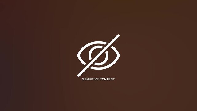 Sensitive Content Warning Animation loop with Crossed-Out Eye Icon and Bold Text on a Dark Brown Abstract Animated Gradient 4K Background