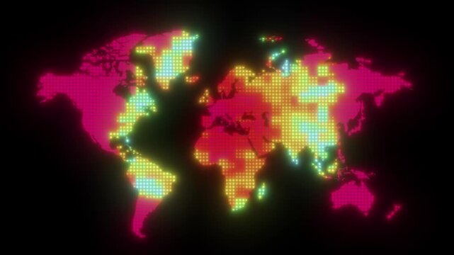 Vibrant Neon Digital World Map with Glowing LED Grid and Dynamic Color Gradient Overlays danger world wide virus concept 4k animated loop alpha key black background