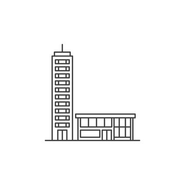 Minimalist line art illustration of a tall modern corporate skyscraper building and small annex facility