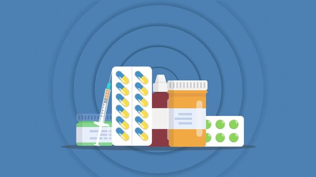 Comprehensive 4K Flat Animated Illustration of  Pharmaceutical Supplies, Medical Tools, and Healthcare concept Pill Bottles, Blister Packs, and a Syringe, Medicine and drugs pills loop background
