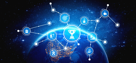 Fototapeta premium Abstract illustration depicting a network of achievement icons interconnected over a globe, representing modern success and digital interactions in a cosmic environment. Tessel