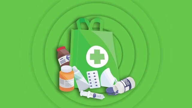 Animated Illustration of  Green Medical Shopping Bag with Healthcare Essentials, Including Pill Bottles, a Syringe, a Face Mask, Ointment Medicine and drugs concept pills loop 4K background