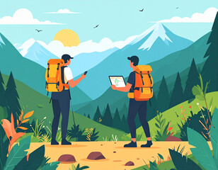 Fototapeta premium Senior Couple Hiking on Mountain Path at Sunset Active Elderly People Backpacking and Trekking in Nature Retirement Lifestyle Illustration