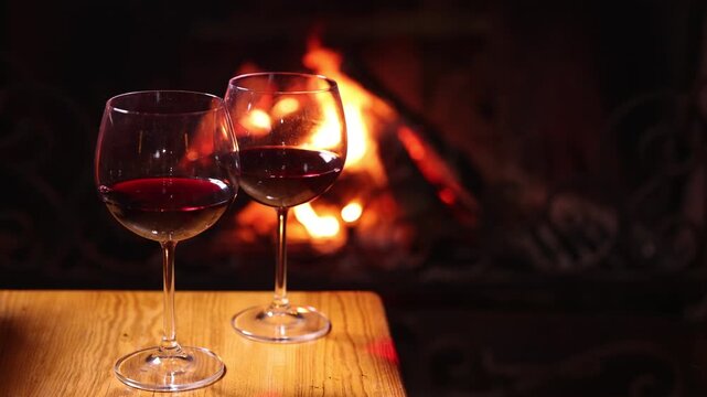 Glasses of red wine on wooden table near fireplace at home, closeup