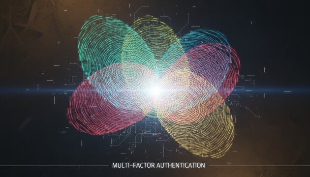 Collage of colorful fingerprints representing multi-factor authentication with login security login process digital security data protection
