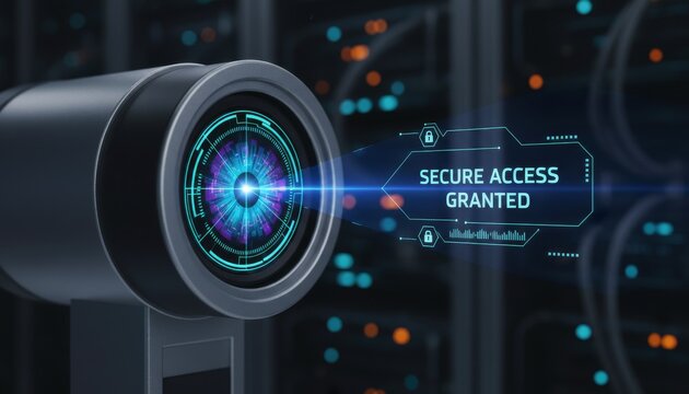 Security camera lens with digital interface showing secure access granted data security access control surveillance system security technology