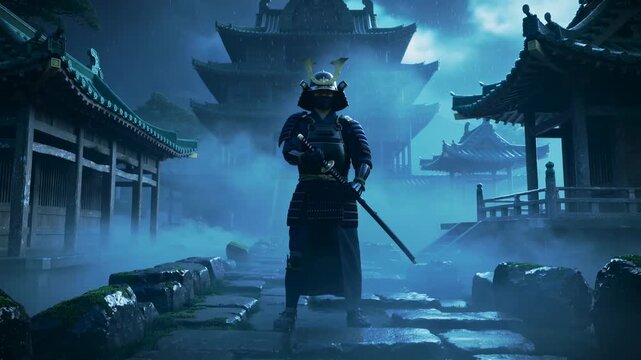 Mysterious Samurai Fighter with Katana in Historical Japan