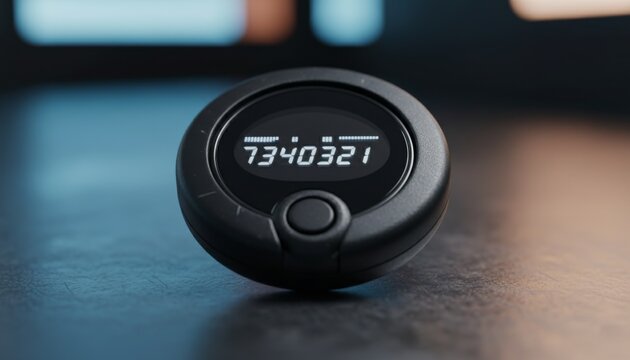 Close-up of black hardware security token displaying one-time password for multi-factor authentication with data security, authentication device