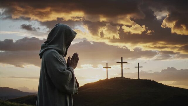 Praying Near Crosses at Sunset