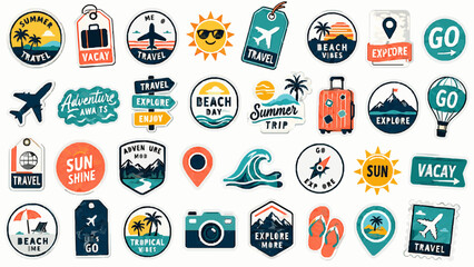 Summer Travel Sticker Pack. AI Generated White Background SVG Vector Collection with Dense Sticker Sheet, Badge Labels, Icons, Promo Marks and Isolated Commercial Design Elements, travel stickers © Oleksan