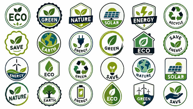 Eco Green Energy Labels Pack. AI Generated White Background SVG Vector Collection with Dense Sticker Sheet, Badge Labels, Icons, Promo Marks and Isolated Commercial Design Elements, eco labels