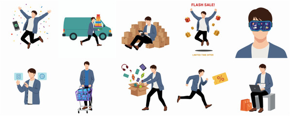 Fototapeta premium Vector illustration collection of a man in various online shopping, e-commerce, and digital technology lifestyle scenes