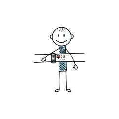 Fototapeta premium Stick figure man checking fitness tracker and tracking steps for wellness 
