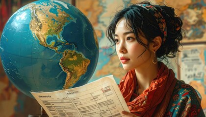 Fototapeta premium Young Woman Studying Globe and Document in Classroom Setting.