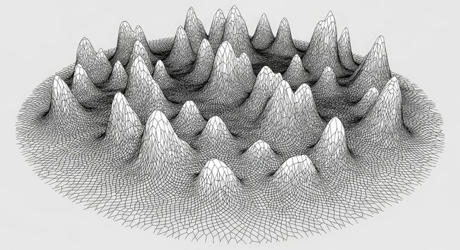 Abstract 3D wireframe terrain surface visualization on light background