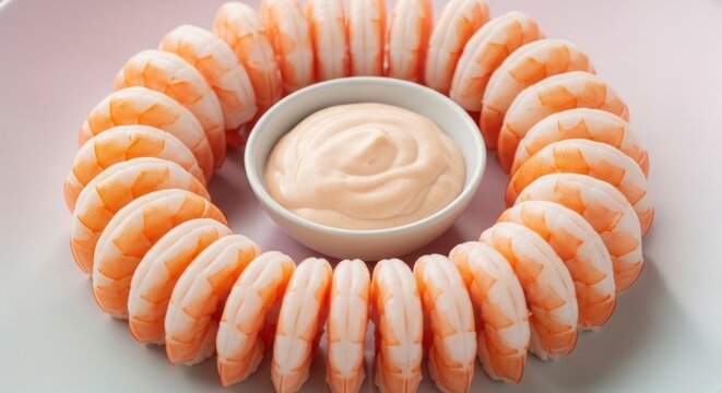 Garniture de rondelles de crevettes avec sauce, pr&eacute;sent&eacute;e en ap&eacute;ritif sur une assiette blanche