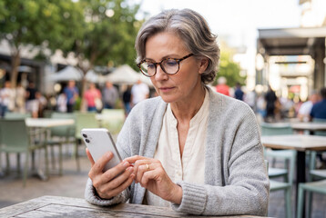 Fototapeta premium Mature woman sitting at an outdoor cafe using her smartphone