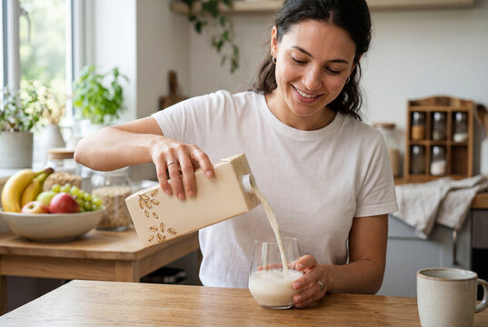 Smiling young woman pouring plant based milk into a glass