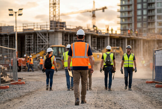 Construction site supervisor leading a crew of workers toward a large building development