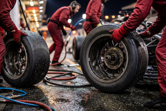 Mechanics in red suits changing tires on a race car during a pit stop