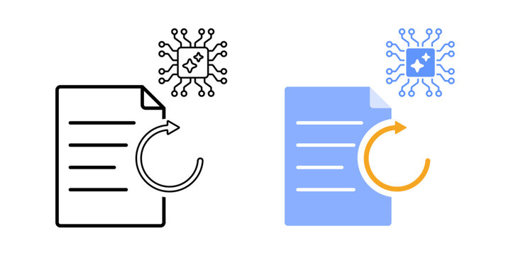 Audit trail feedback loop icon. System node linked to document history and loop path. Tracking and review cycle. Record monitoring element. Simple geometric illustration.