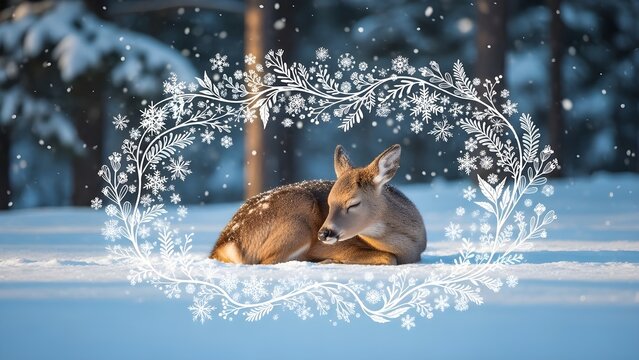 Enchanting winter wonderland with a gentle fawn resting peacefully amidst a snowy forest, framed by delicate frosty foliage
