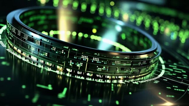 Digital rings rotate and emit green light in a high-tech space. Patterns shift and flow, creating a dynamic visual experience in a virtual environment.