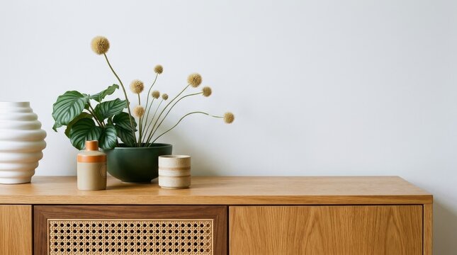 Wooden cabinet and accessories decor in living room interior on empty white wall background