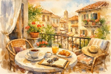 Naklejka premium A breakfast scene shows coffee, juice, and a croissant on a table. The balcony overlooks a sunny town filled with flowers and buildings.