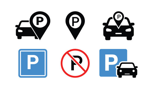 Parking signs and silhouette icons for car parking