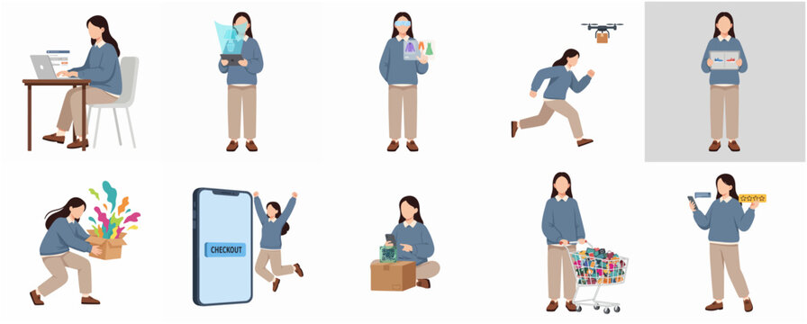 Online Shopping and E-commerce Vector Illustration Set Featuring Woman Character in Various Digital Retail Activities