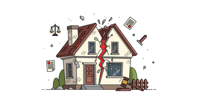 A house is shown splitting in half with a red crack while legal documents, a gavel, and scales of justice fly around it.