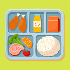 colorful school lunch tray featuring fried chicken drumsticks warm rice and sweet strawberry dessert - Vector Illustration © powdesign
