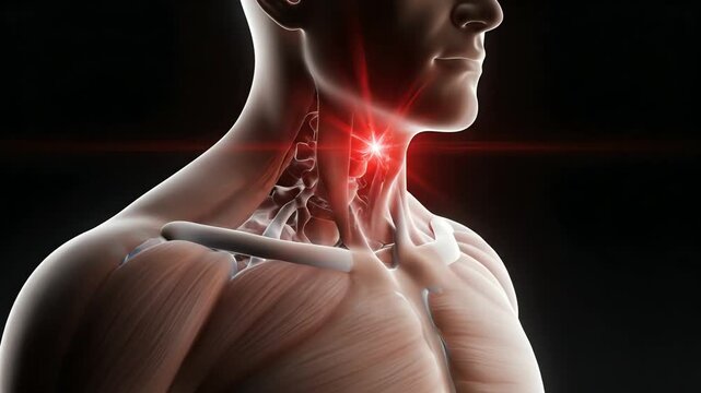 3D medical illustration of human neck pain and cervical spine injury