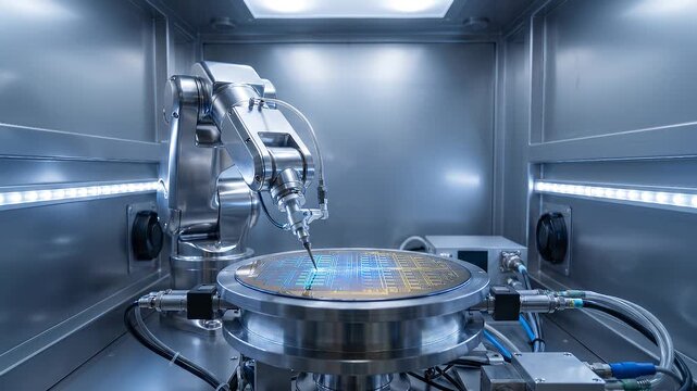 Silicon wafer processed in semiconductor foundry, robotic arm handling chip, clean room setting, advanced manufacturing technology, precision engineering, 4K video