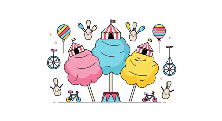 Carnival Sweet Treats: Cotton Candy, Circus Tent, Balloons, Unicycles, Bikes © purnama