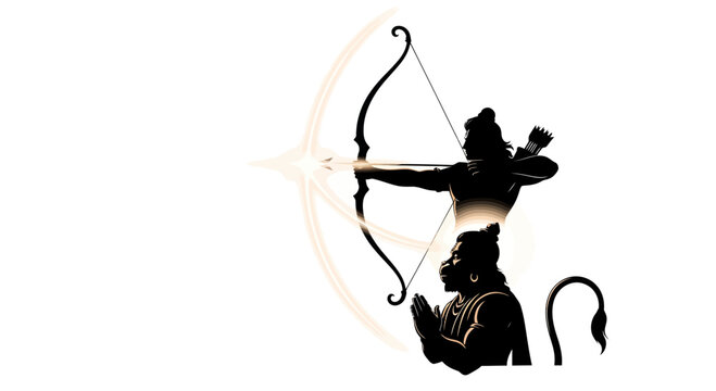 Lord Rama with bow and arrow, Hanuman praying, Hindu mythology, Indian culture, silhouette