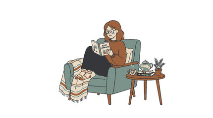 Fototapeta premium A woman cozily reading a book in a comfortable armchair next to a small table with a cup of tea 